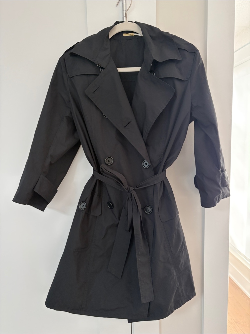 Max Studio Black Double-Breasted Trench with Waist Tie